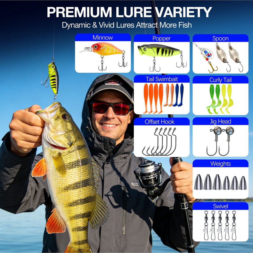 Doulami Fishing Pole 2-Pack, Fishing Rod with 43 Pcs Fishing Accessories Kit, 5.9ft Telescopic Carbon Fiber 12+1 BB Spinning Reel, 10LB Max Drag Anti-Tangle Ceramic Guides, with Tackle Bag
