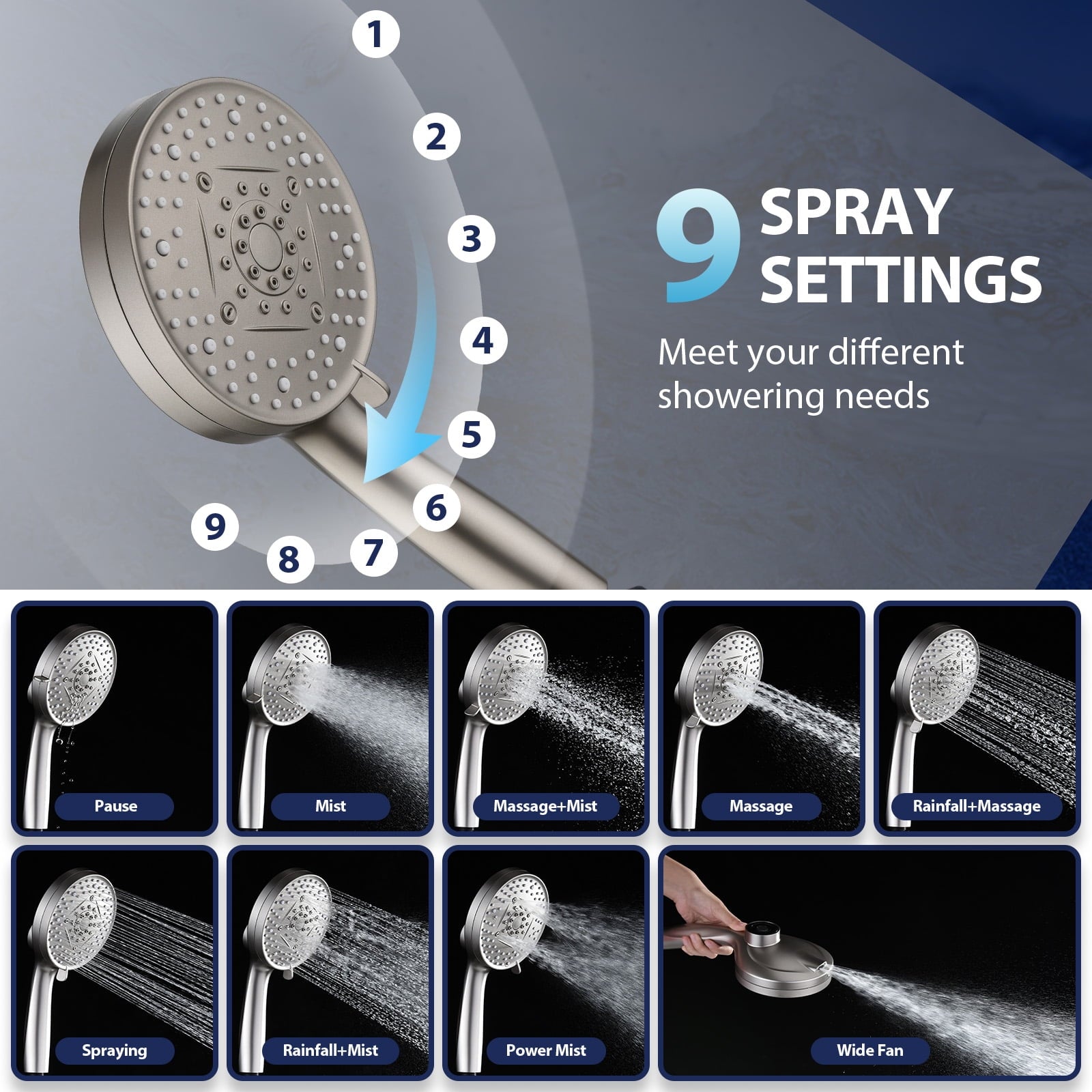 INAVAMZ 12 inch Rain Shower Head and Handheld Combo, High Pressure Shower, 3+8+1 Spray Modes, Magnetic Dock, Power Jet, Anti-Clog Nozzles, 60" Hose,Nickel
