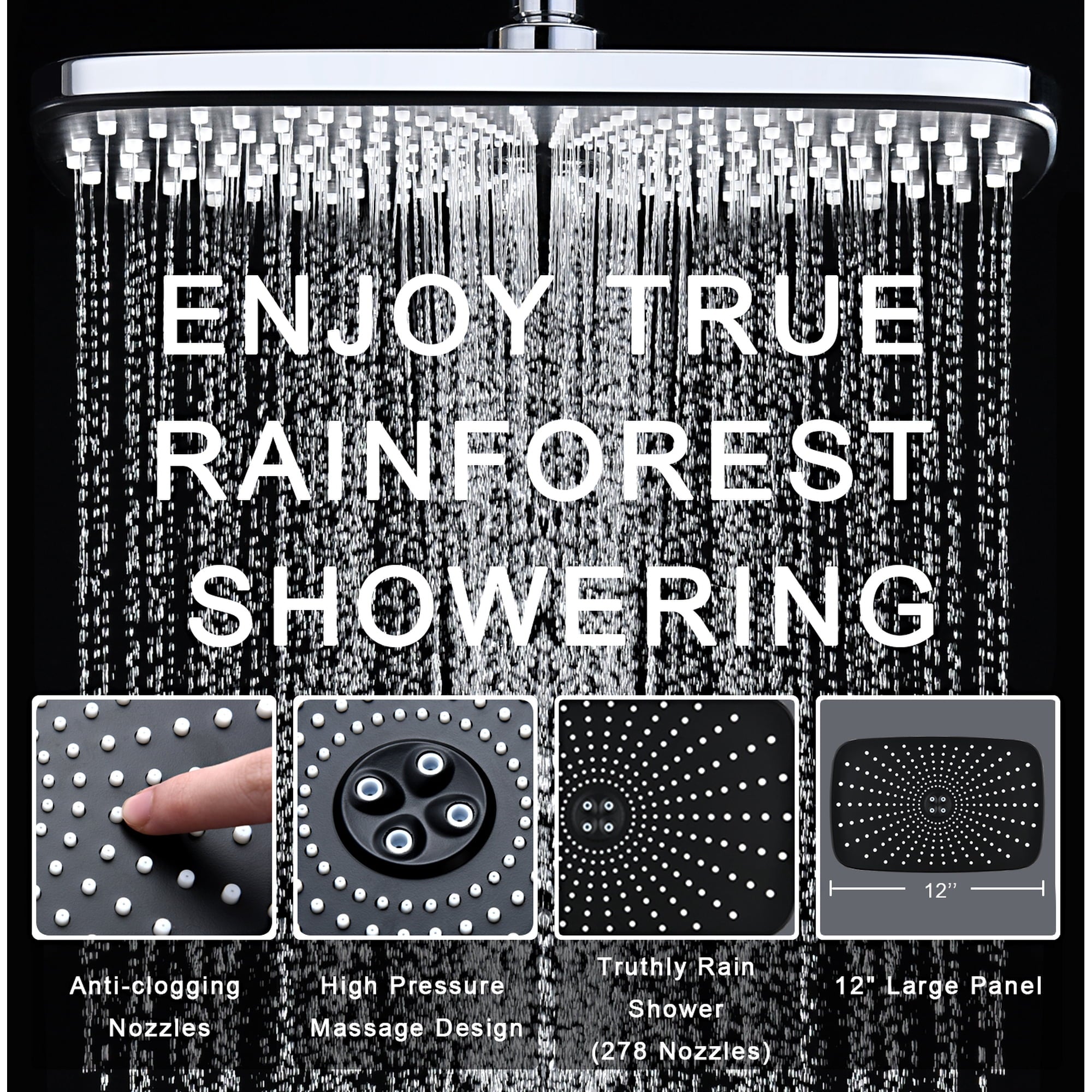 INAVAMZ 12 inch Rain Shower Head and Handheld Combo, High Pressure Shower, 3+8+1 Spray Modes, Magnetic Dock, Power Jet, Anti-Clog Nozzles, 60" Hose, Black