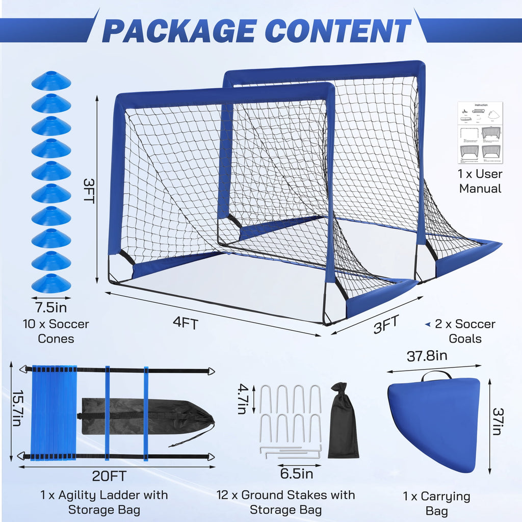 Doulami Soccer Goal Portable Set of 2 Soccer Nets 3x4 FT Training Equipment with Ladder & Cone,Blue