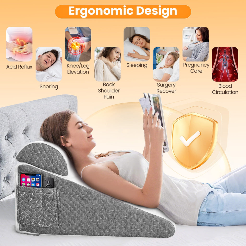 AMTPM Bed Wedge Pillow, Memory Foam Triangle Pillow for Sleep Apnea, Acid Reflux, Snoring, 12Inch Leg Elevation, Back Support for Sitting up in Bed, Incline Cushion for Sleeping, Reading