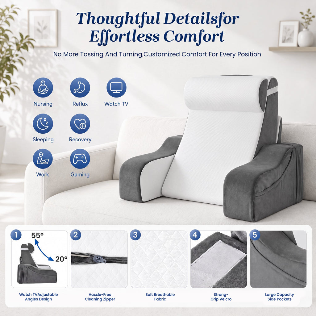 AMTPM Reading Pillow for Bed with Detachable Armrests, 2-in-1 Wedge Reading Pillow, 20°-55° Adjustable Headrest & Independent Lumbar Support Bed Reading Pillow for TV, Books, Nursing