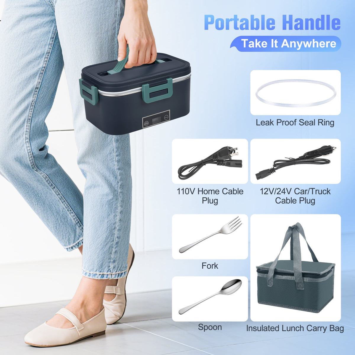 Doulami Electric Lunch Box Heated Lunch Box Portable Food Warmer1.8L Food Box for Adults 12V/24V/110 Heating Box for Car Truck Outdoor