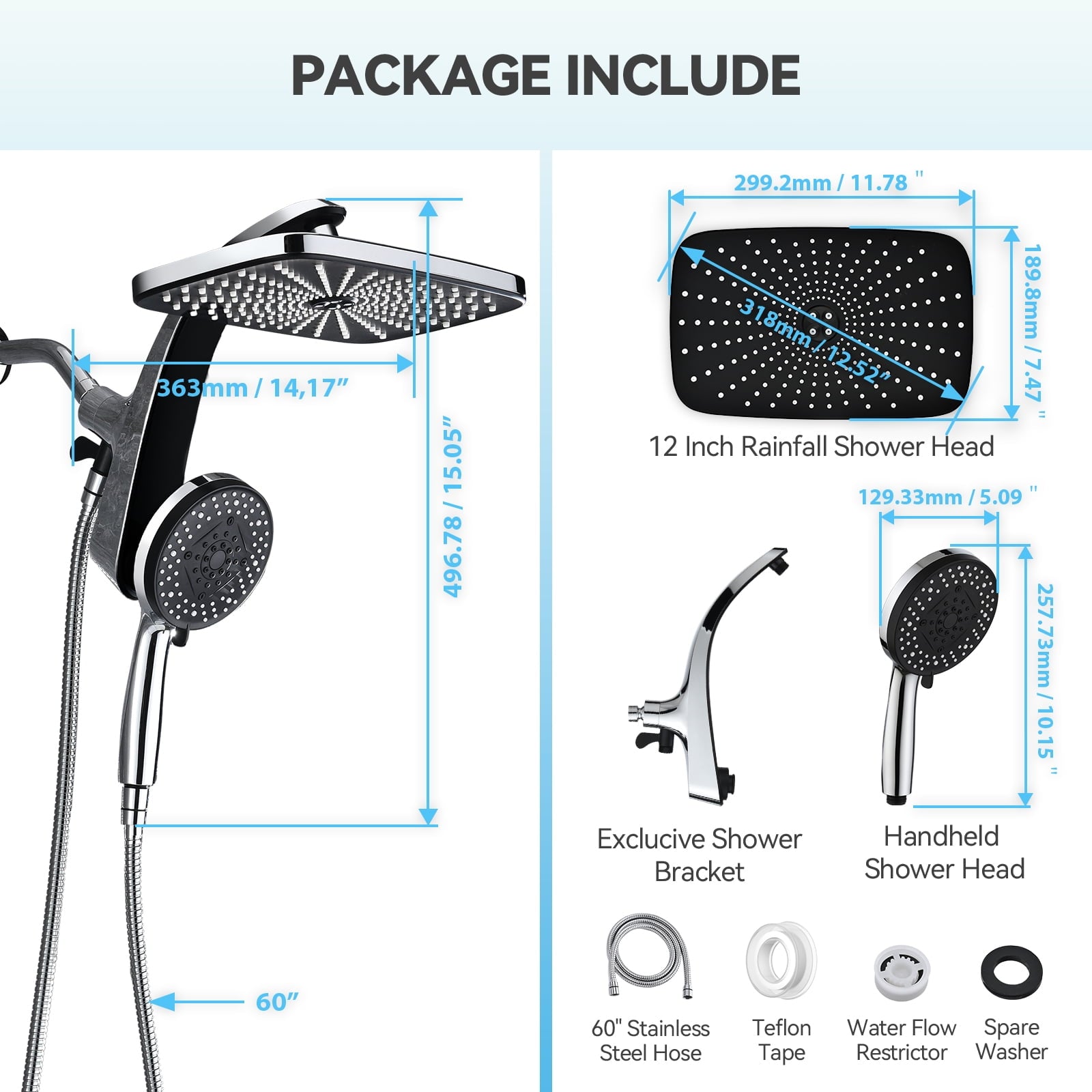 INAVAMZ 12 inch Rain Shower Head and Handheld Combo, High Pressure Shower, 3+8+1 Spray Modes, Magnetic Dock, Power Jet, Anti-Clog Nozzles, 60" Hose,Silver