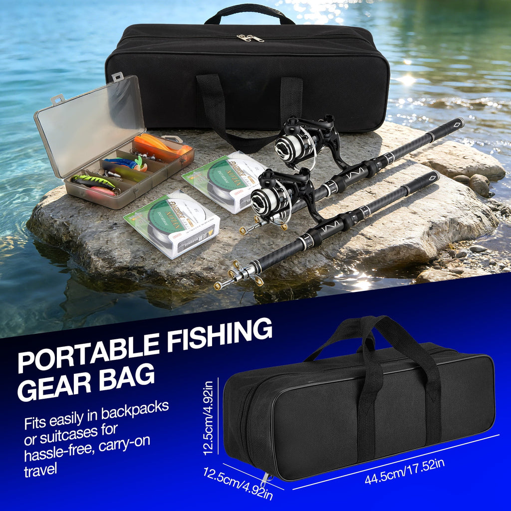 Doulami Fishing Pole 2-Pack, Fishing Rod with 43 Pcs Fishing Accessories Kit, 5.9ft Telescopic Carbon Fiber 12+1 BB Spinning Reel, 10LB Max Drag Anti-Tangle Ceramic Guides, with Tackle Bag