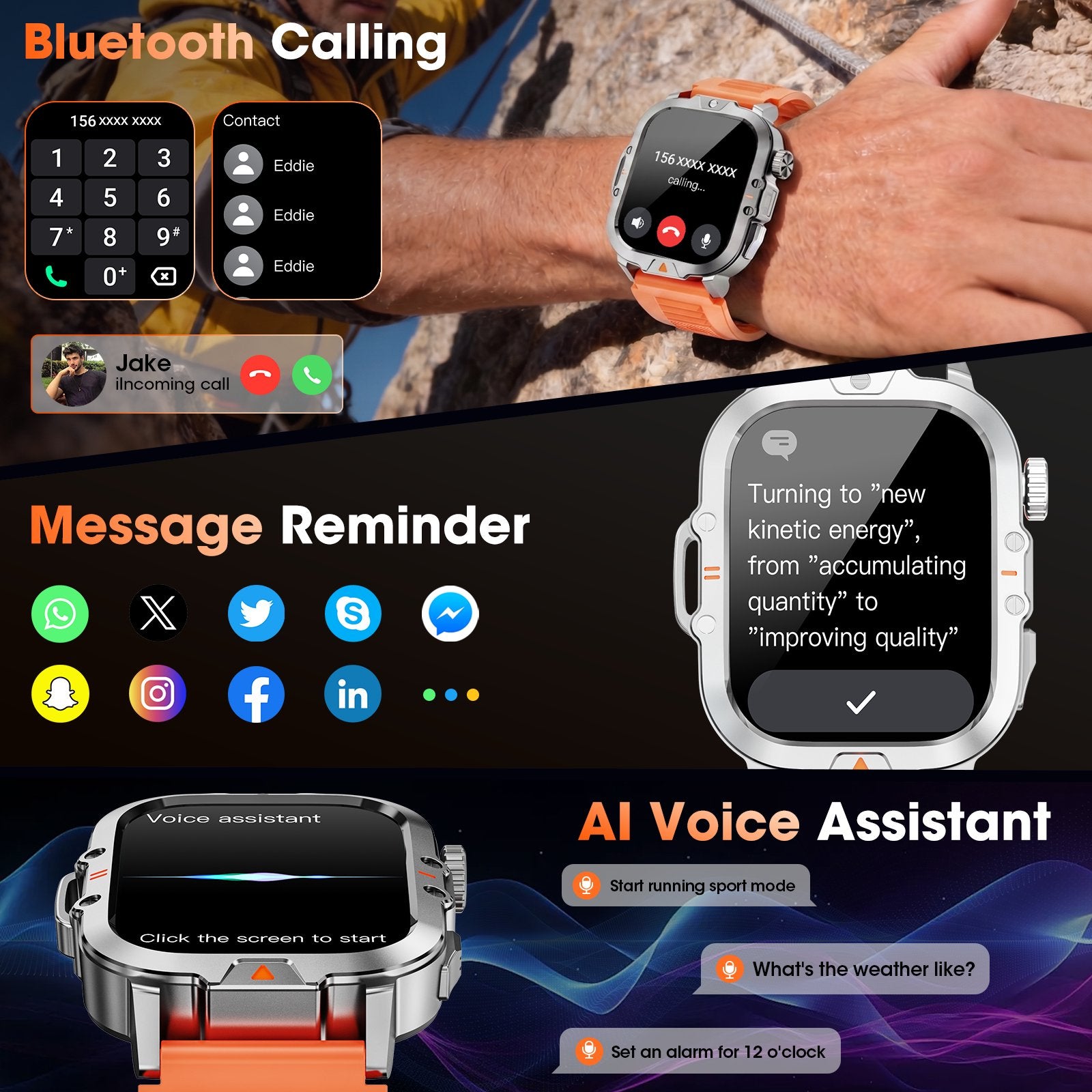 Smartwatch for Men with Fitness Tracker, 2.01-inch Answer/Make Calls/100+ Sport Modes, IP68 Waterproof, men's Military Smartwatch compatible with Android IPhone Devices (Orange)