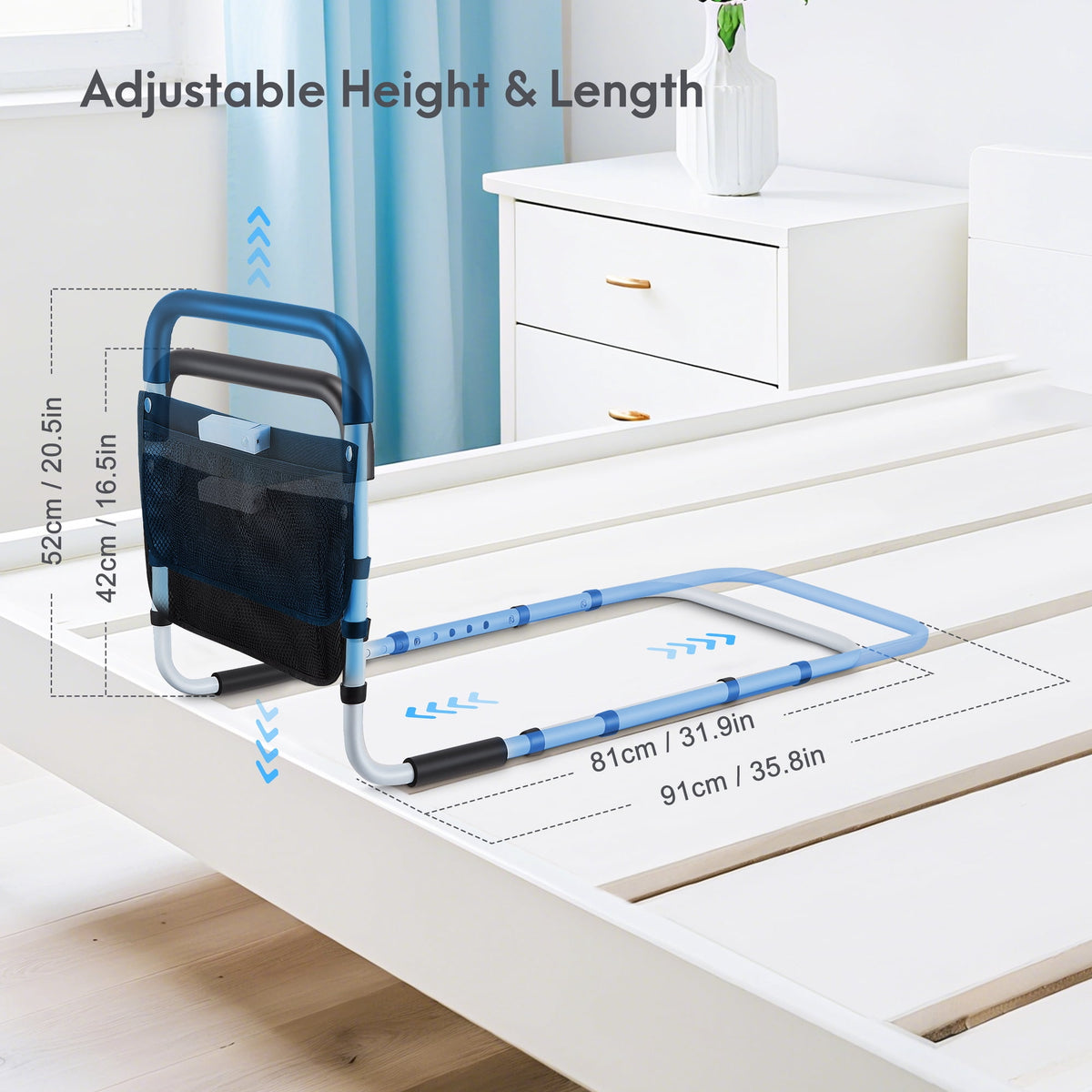 Doulami Bed Rails for Elderly Adults Safety, Adjustable Assist Bed Rail for Senior with Storage Bag & Light