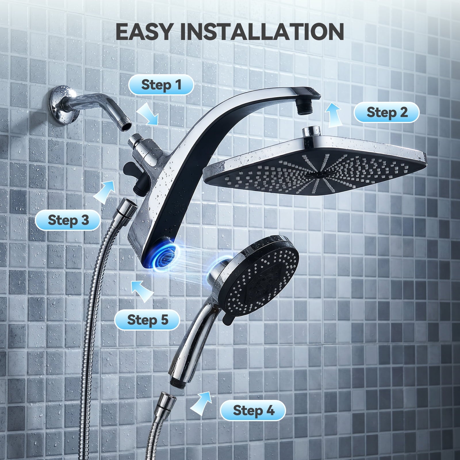 INAVAMZ 12 inch Rain Shower Head and Handheld Combo, High Pressure Shower, 3+8+1 Spray Modes, Magnetic Dock, Power Jet, Anti-Clog Nozzles, 60" Hose,Silver