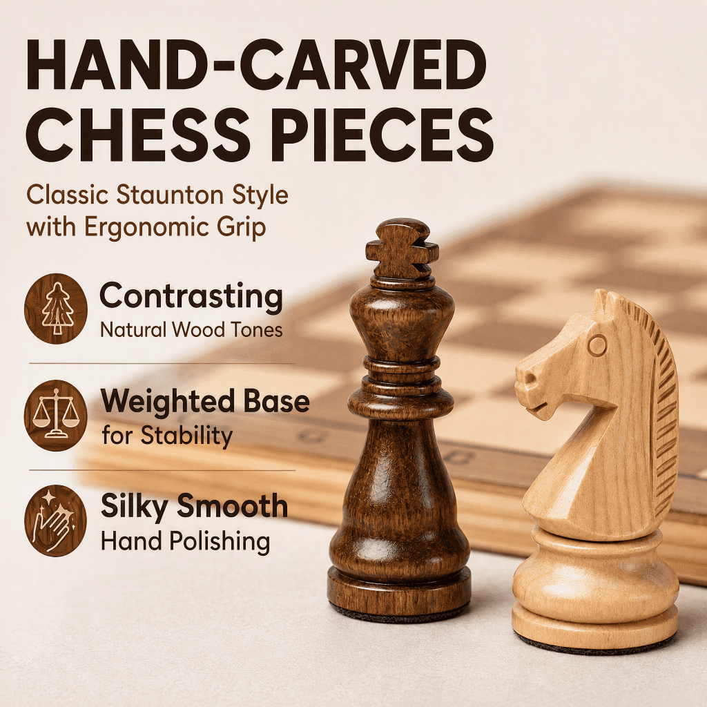 Doulami Chess Board, 3-in-1 Chess Checkers & Backgammon Set, Foldable Portable Travel Strategy Game, Eco-Friendly Solid Wood for Adults & Teens