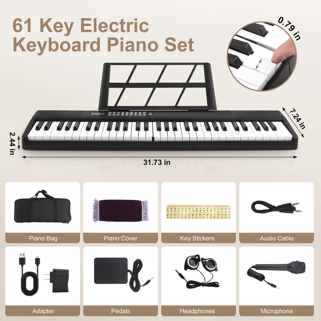 Doulami Piano 61 Key Electric Keyboard Piano with Lighted Keys LCD Display Folding Piano Keyboard for Beginner 200 Tones Rhythms