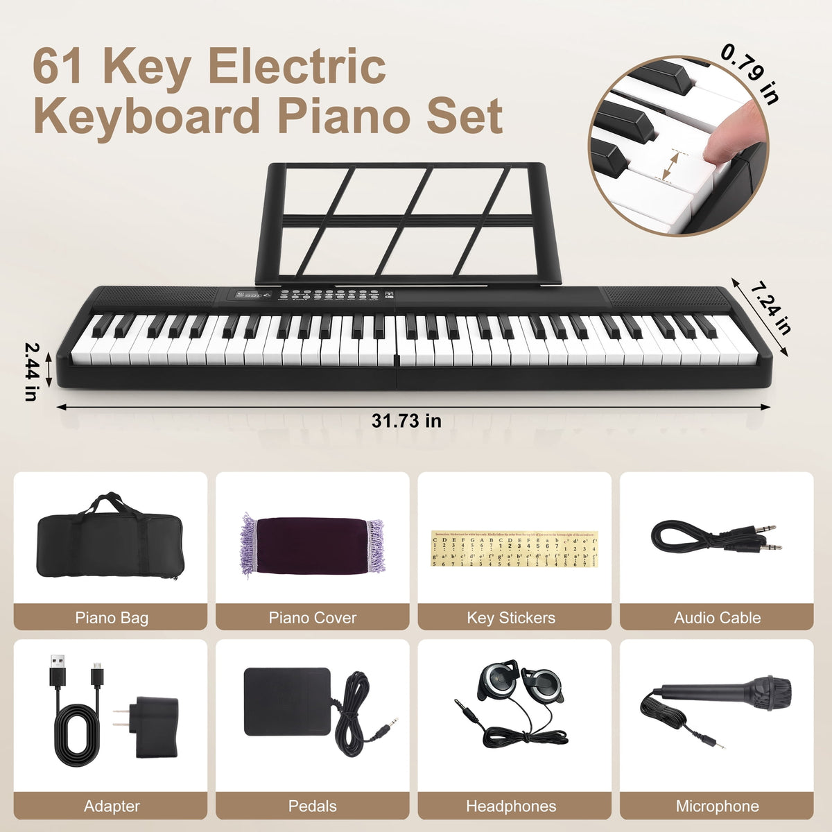 Doulami Piano 61 Key Electric Keyboard Piano with Lighted Keys LCD Display Folding Piano Keyboard for Beginner 200 Tones Rhythms