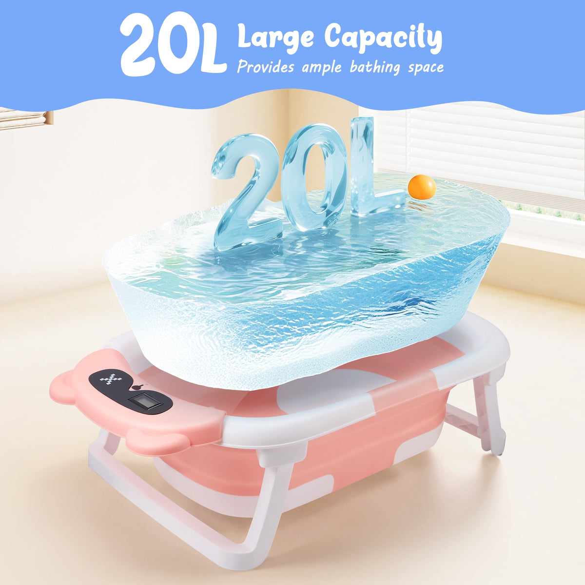 Doulami Baby Bathtub for Infants Collapsible Baby Tubs for Newborns with Cushion and Thermometer, 0-36 Month(Pink)