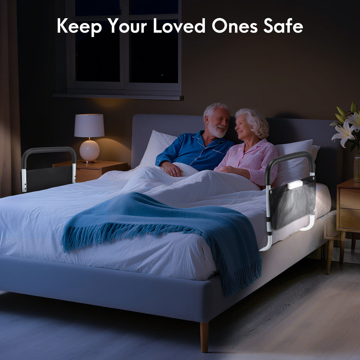 Doulami Bed Rails for Elderly Adults Safety, Adjustable Assist Bed Rail for Senior with Storage Bag & Light