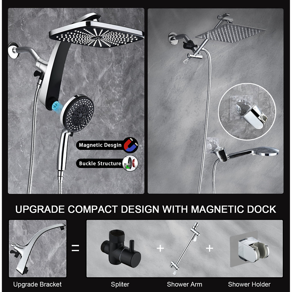 INAVAMZ 12 inch Rain Shower Head and Handheld Combo, High Pressure Shower, 3+8+1 Spray Modes, Magnetic Dock, Power Jet, Anti-Clog Nozzles, 60" Hose,Silver