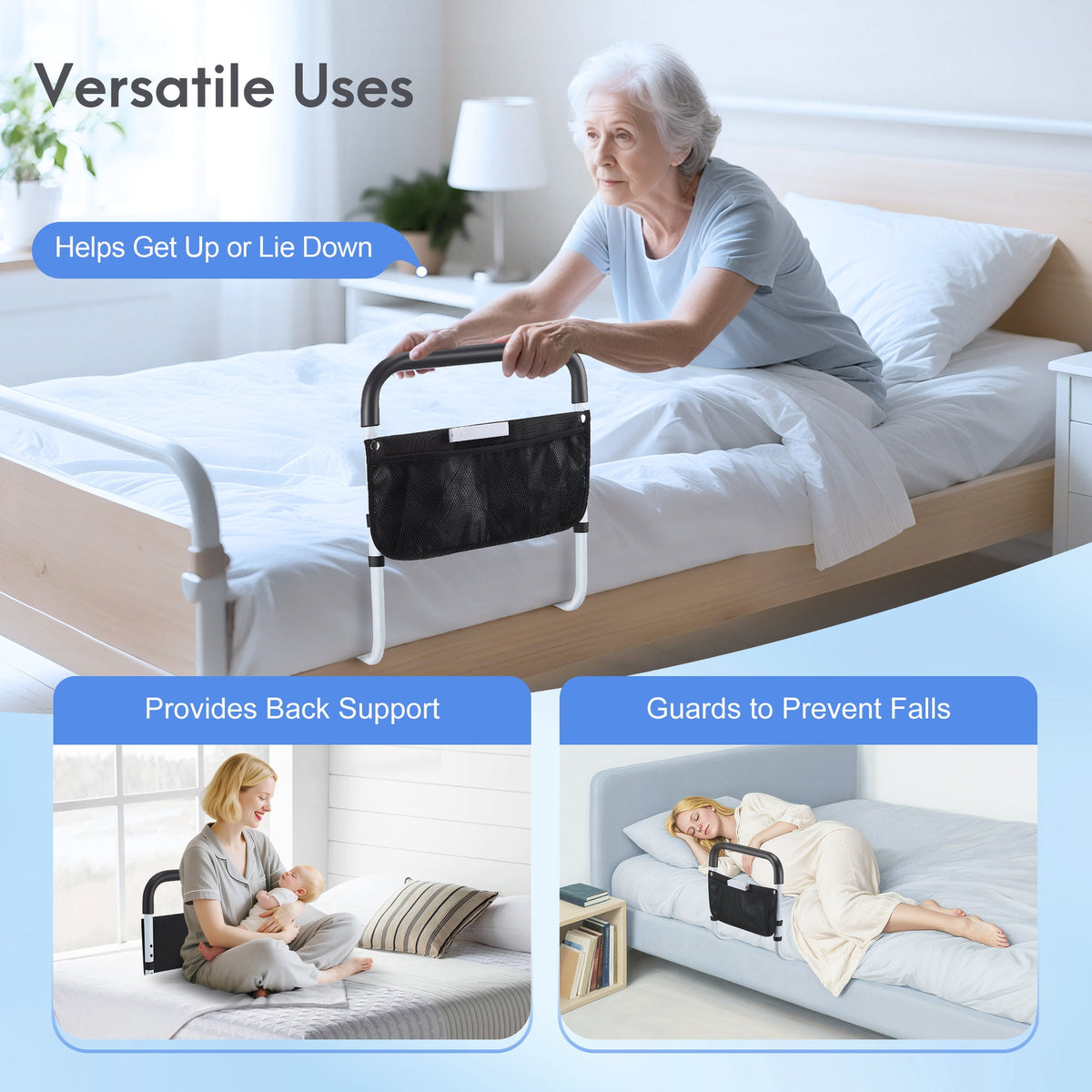 Doulami Bed Rails for Elderly Adults Safety, Adjustable Assist Bed Rail for Senior with Storage Bag & Light