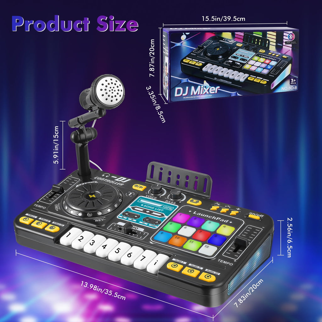 Doulami DJ Mixer Controller Table For Kids with Microphone Lights, Interactive Musical Wireless Bluetooth ,Multi-function Audio Mixer for Beginners