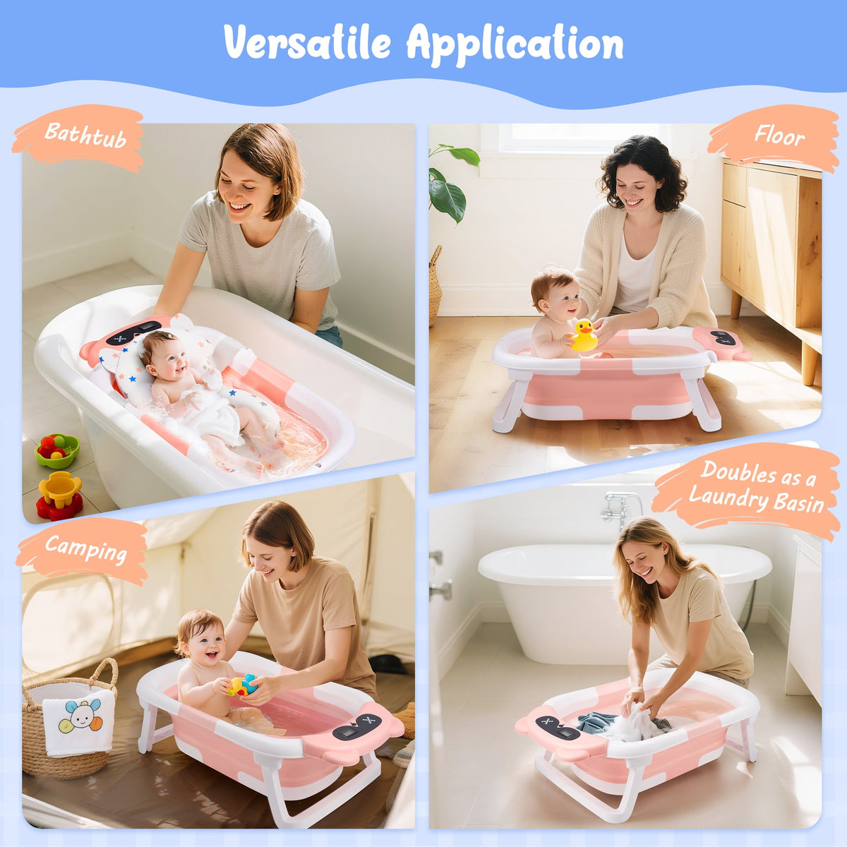 Doulami Baby Bathtub for Infants Collapsible Baby Tubs for Newborns with Cushion and Thermometer, 0-36 Month(Pink)