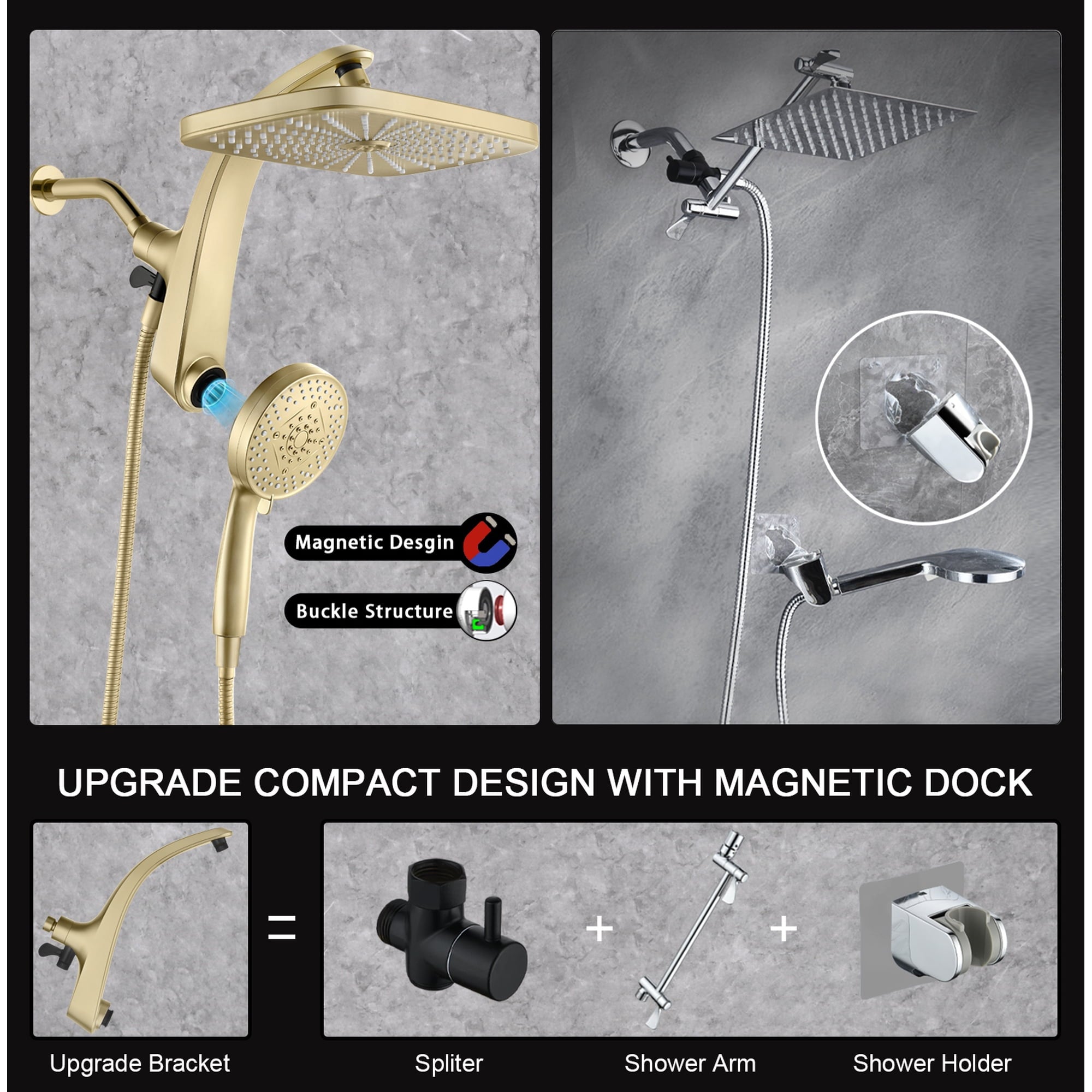 INAVAMZ 12 inch Rain Shower Head and Handheld Combo, High Pressure Shower, 3+8+1 Spray Modes, Magnetic Dock, Power Jet, Anti-Clog Nozzles, 60" Hose,Gold