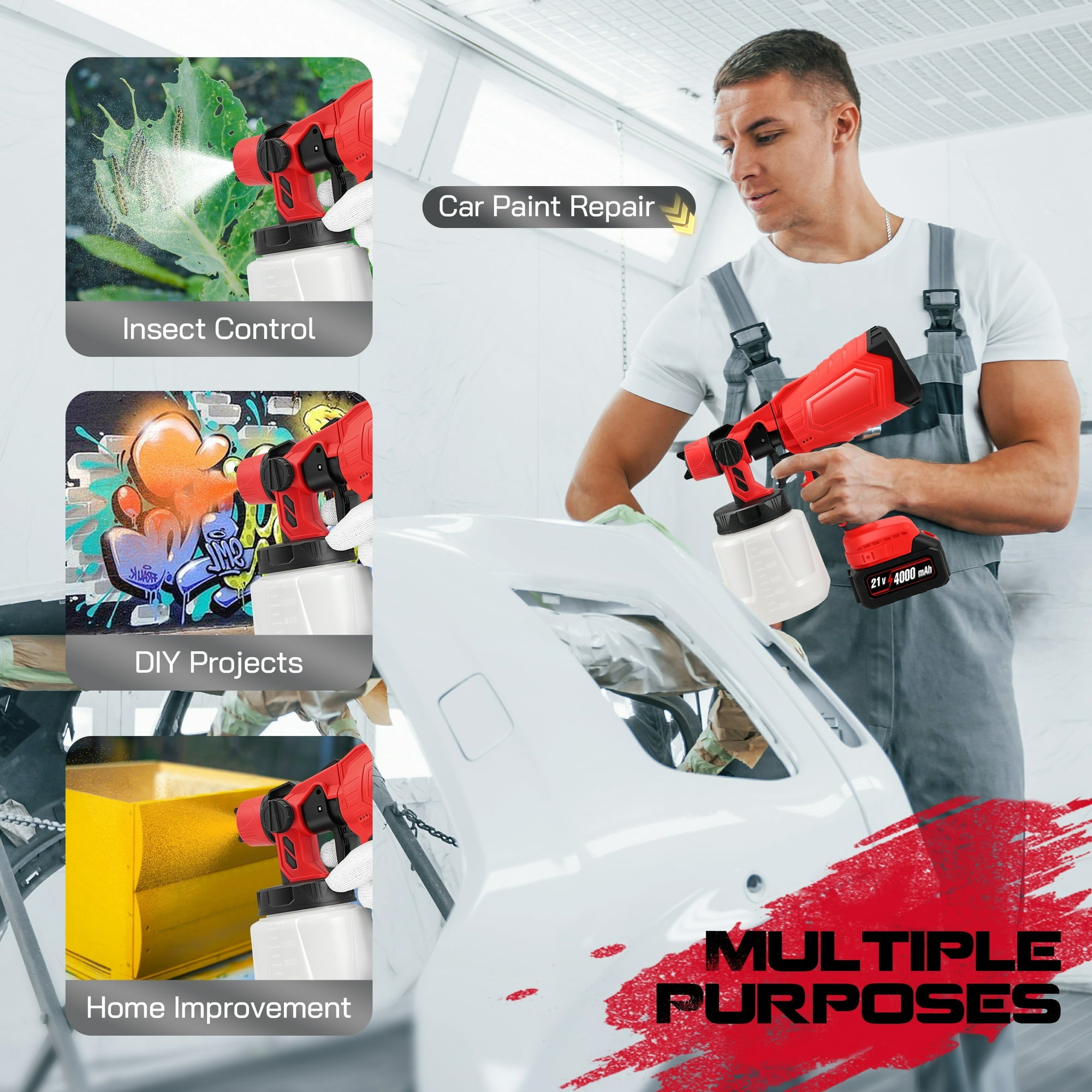 RELOIVE Cordless Paint Sprayer, 800W High Power Spray Paint Gun with 2PCS 4000mAh Batteries, Electric Paint Sprayer Gun with 1200ML Container for House Painting Furniture Cabinets Fences Walls