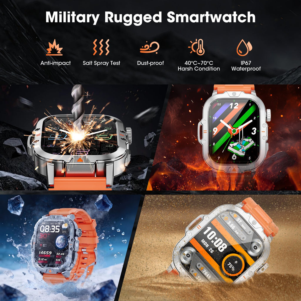 Smartwatch for Men with Fitness Tracker, 2.01-inch Answer/Make Calls/100+ Sport Modes, IP68 Waterproof, men's Military Smartwatch compatible with Android IPhone Devices (Orange)
