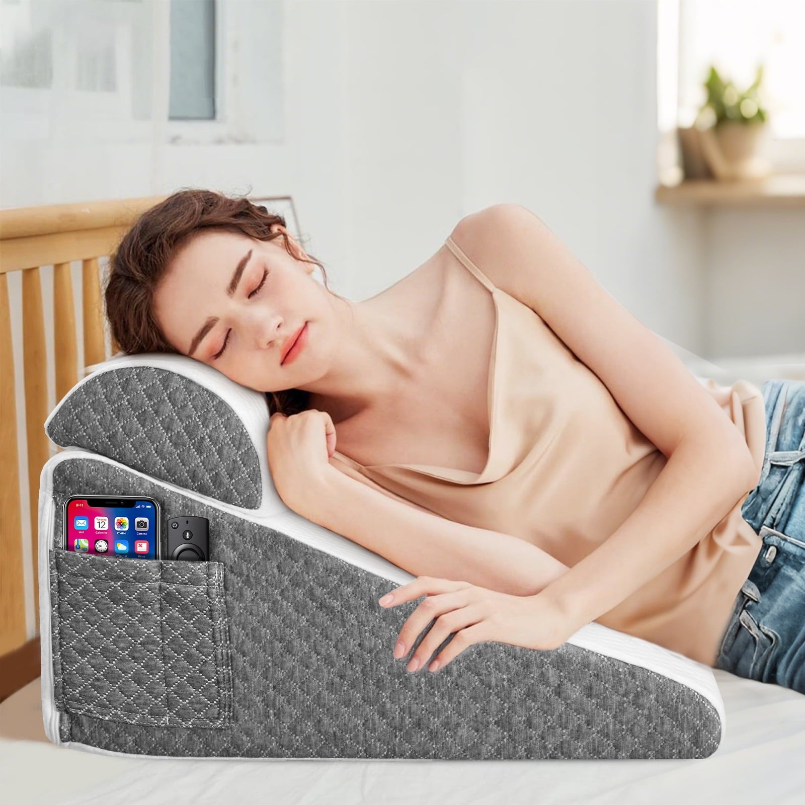 AMTPM Bed Wedge Pillow, Memory Foam Triangle Pillow for Sleep Apnea, Acid Reflux, Snoring, 12Inch Leg Elevation, Back Support for Sitting up in Bed, Incline Cushion for Sleeping, Reading