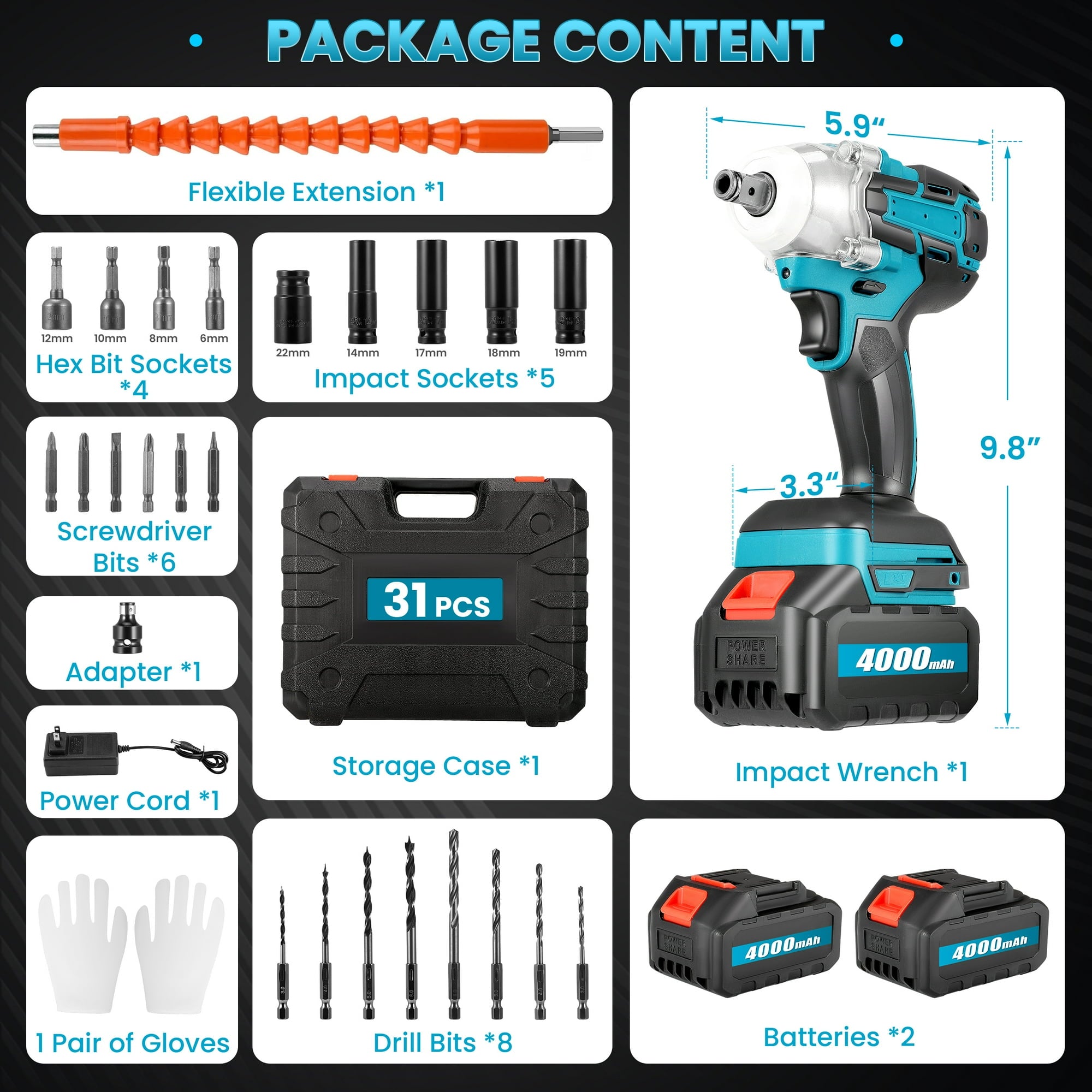 RELOIVE Cordless Impact Wrench 1/2", 553ft-lbs (750N.m) High Torque Impact Wrench with 2x 4.0Ah Batteries Brushless Motor Electric Impact Gun Impact Driver for Car Home