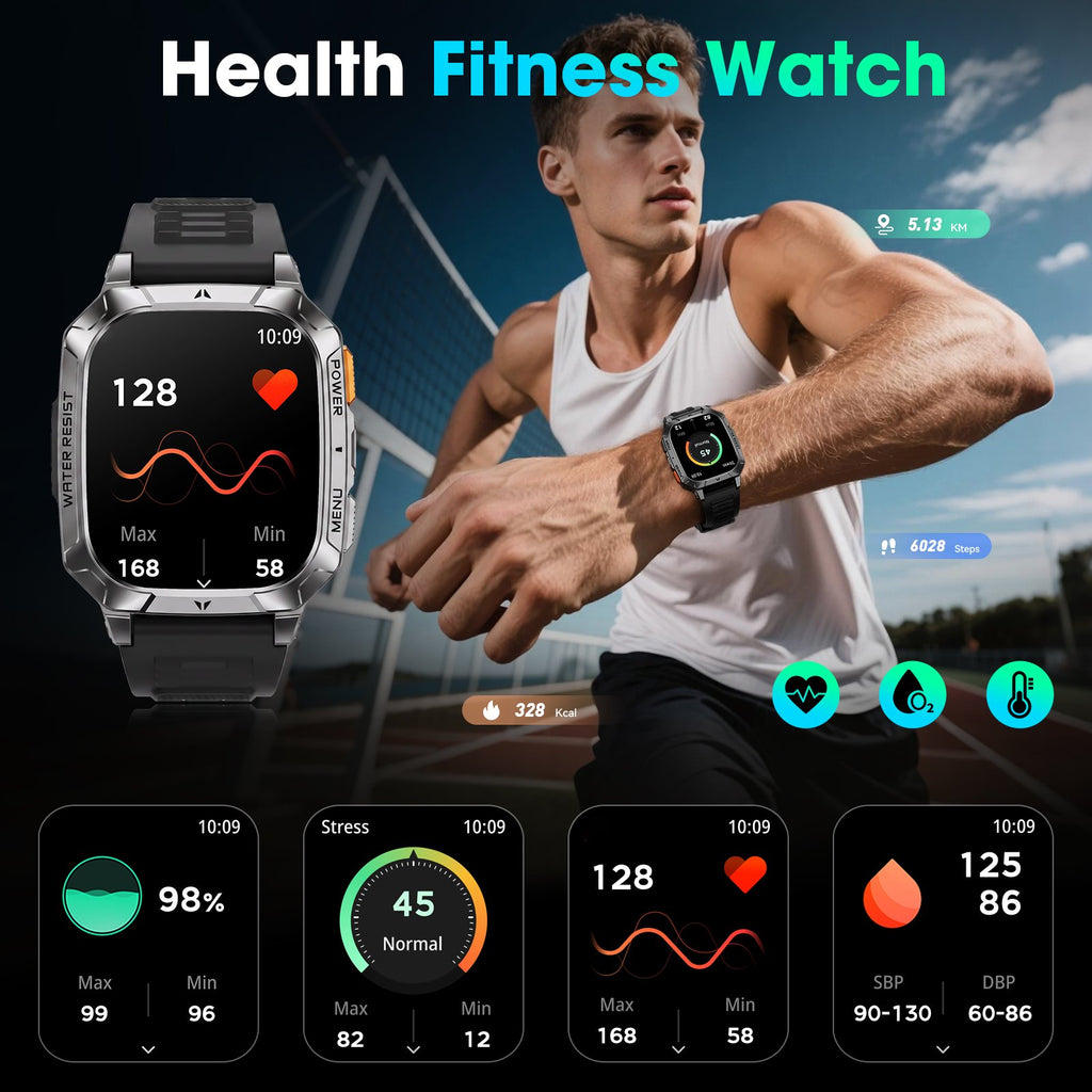 Smart Watch for Men, 2.01" HD 1400mAh Smart Watch Fits for Android and iPhone, Fitness Tracker, Military Smart Watch with 100 + Sports Modes, Bluetooth Call/Answer, IP68 Waterproof Smartwatch, Gifts