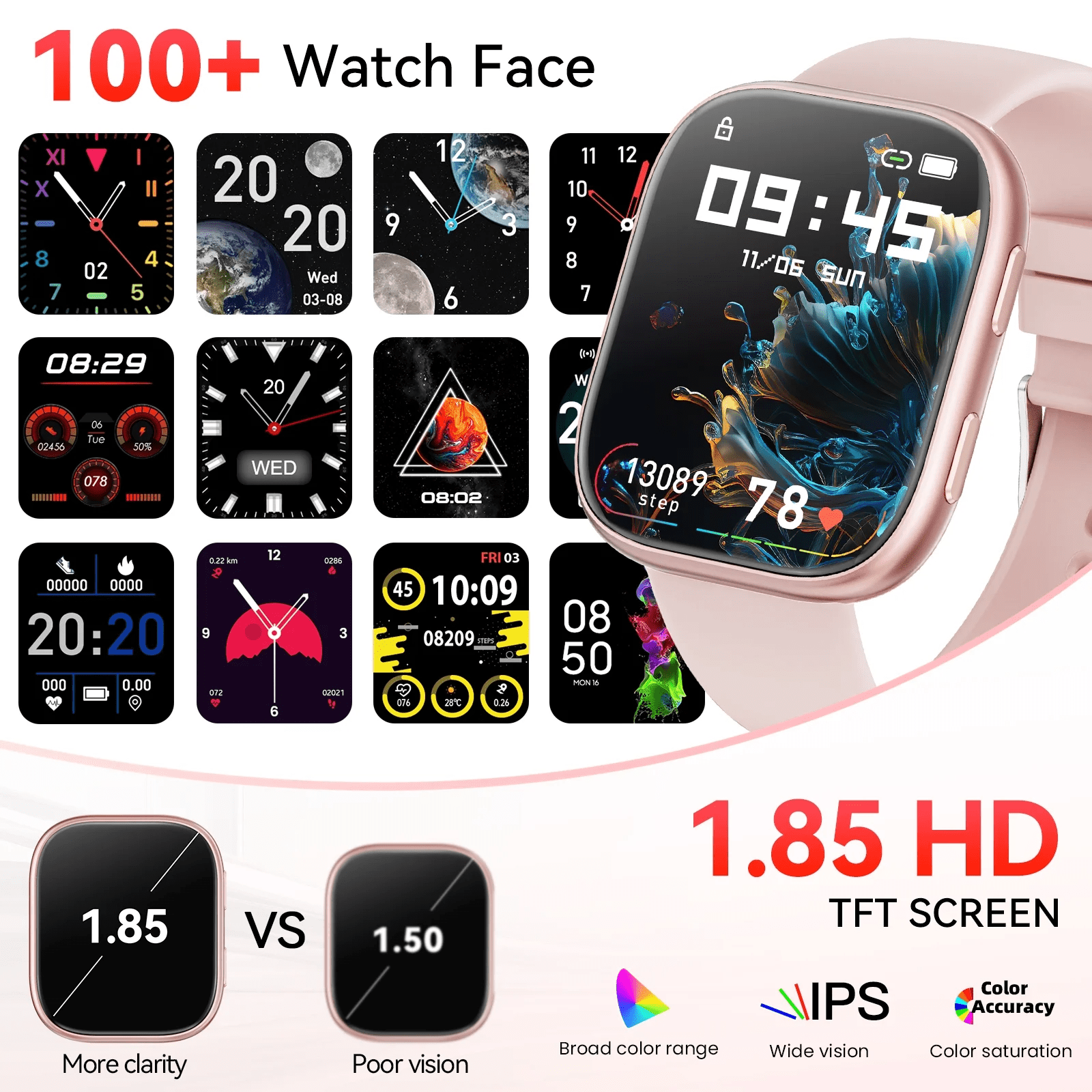 Smart Watch Fits for Android & iPhone, 1.85 inch Fitness Tracker, Men Womens Smartwatch with Make/Answer Calls/Message Reminder/100+ Sports Models, IP68 Waterproof Pedometer Watch, Perfect Gift, Pink