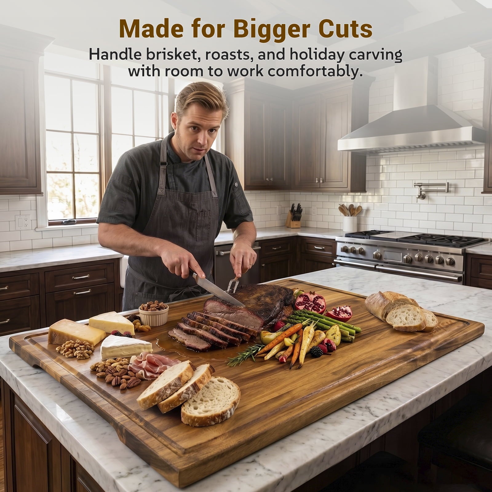 Sentsu 30x20 Acacia Wood Cutting Board, Extra Large Wooden Butcher Block for Kitchen Prep, BBQ and Charcuterie Serving