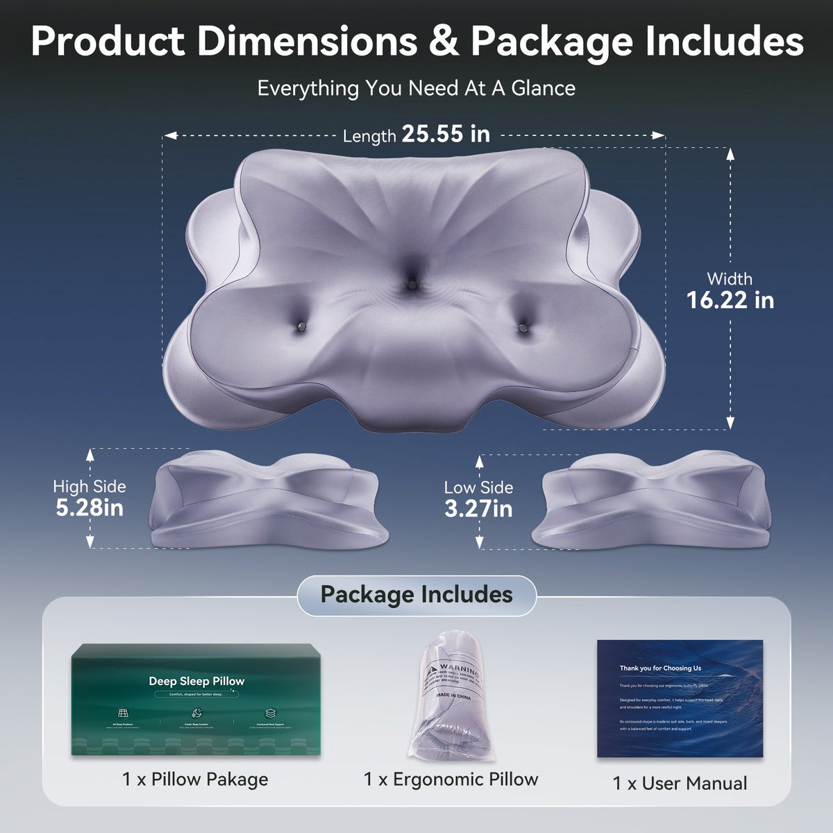 Cervical Neck Pillow - Ergonomic Side Sleeper Pillow for Pain Relief, Contour Cervical Pillow for Sleeping, Memory Foam Pillows for Neck Support, Orthopedic Bed Pillow for Back Stomach Sleepers