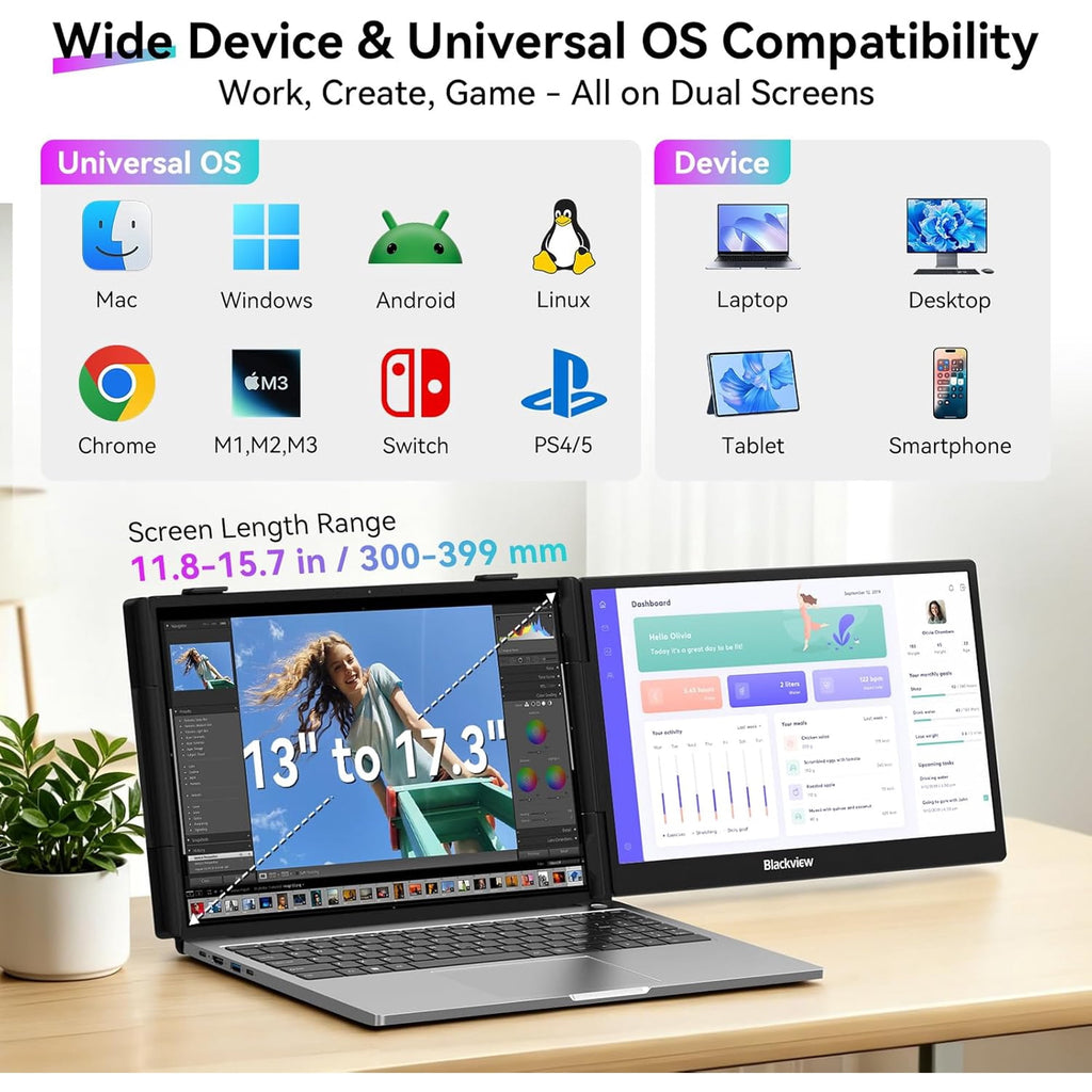 Blackview 14" Laptop Screen Extender, FHD 1080P IPS Portable Monitor for 13-17.3" Laptops, Built-in Speaker, USB-C/HDMI Plug and Play, Lightweight 2.2lbs Compatible with Windows Mac Switch PS5