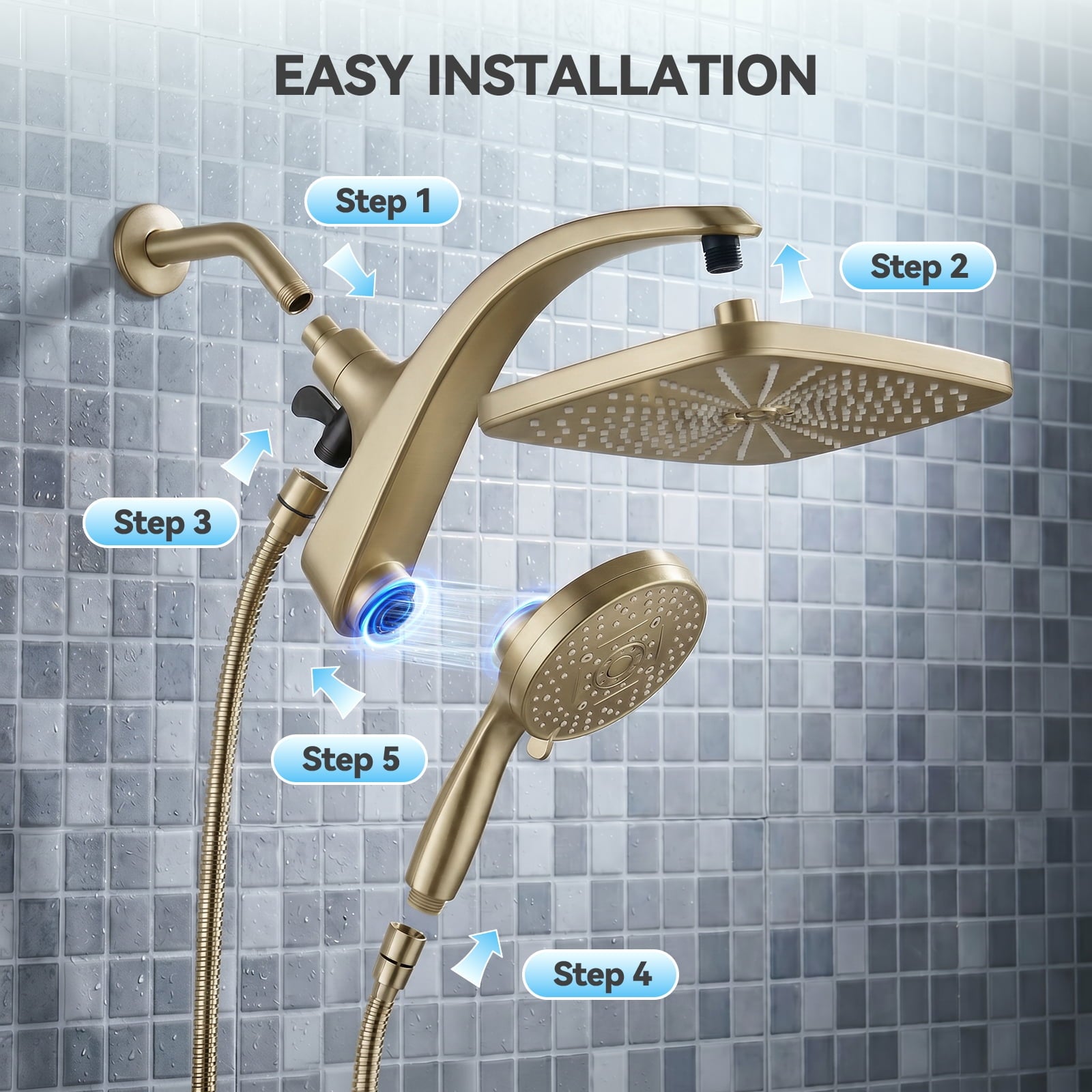 INAVAMZ 12 inch Rain Shower Head and Handheld Combo, High Pressure Shower, 3+8+1 Spray Modes, Magnetic Dock, Power Jet, Anti-Clog Nozzles, 60" Hose,Gold