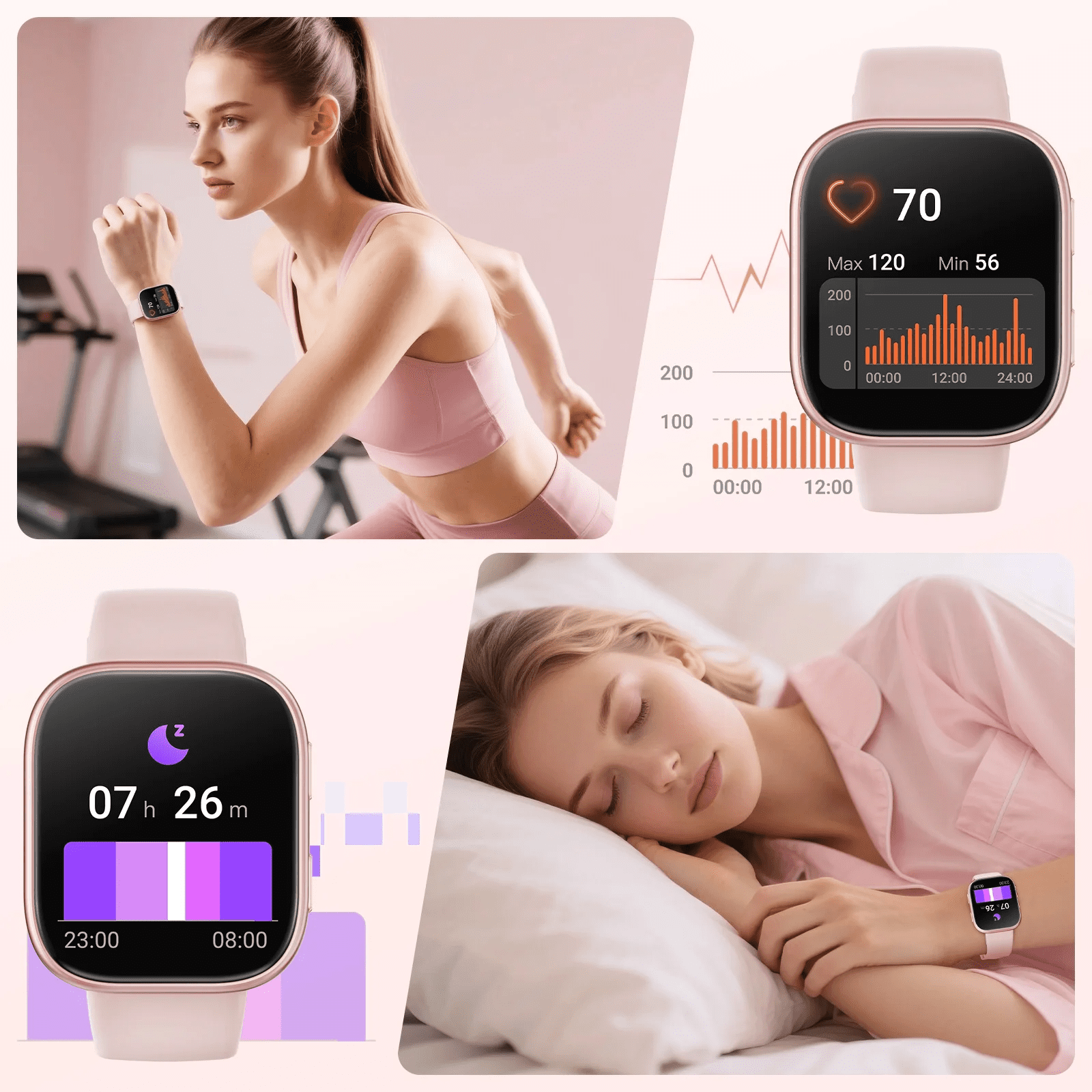 Smart Watch Fits for Android & iPhone, 1.85 inch Fitness Tracker, Men Womens Smartwatch with Make/Answer Calls/Message Reminder/100+ Sports Models, IP68 Waterproof Pedometer Watch, Perfect Gift, Pink