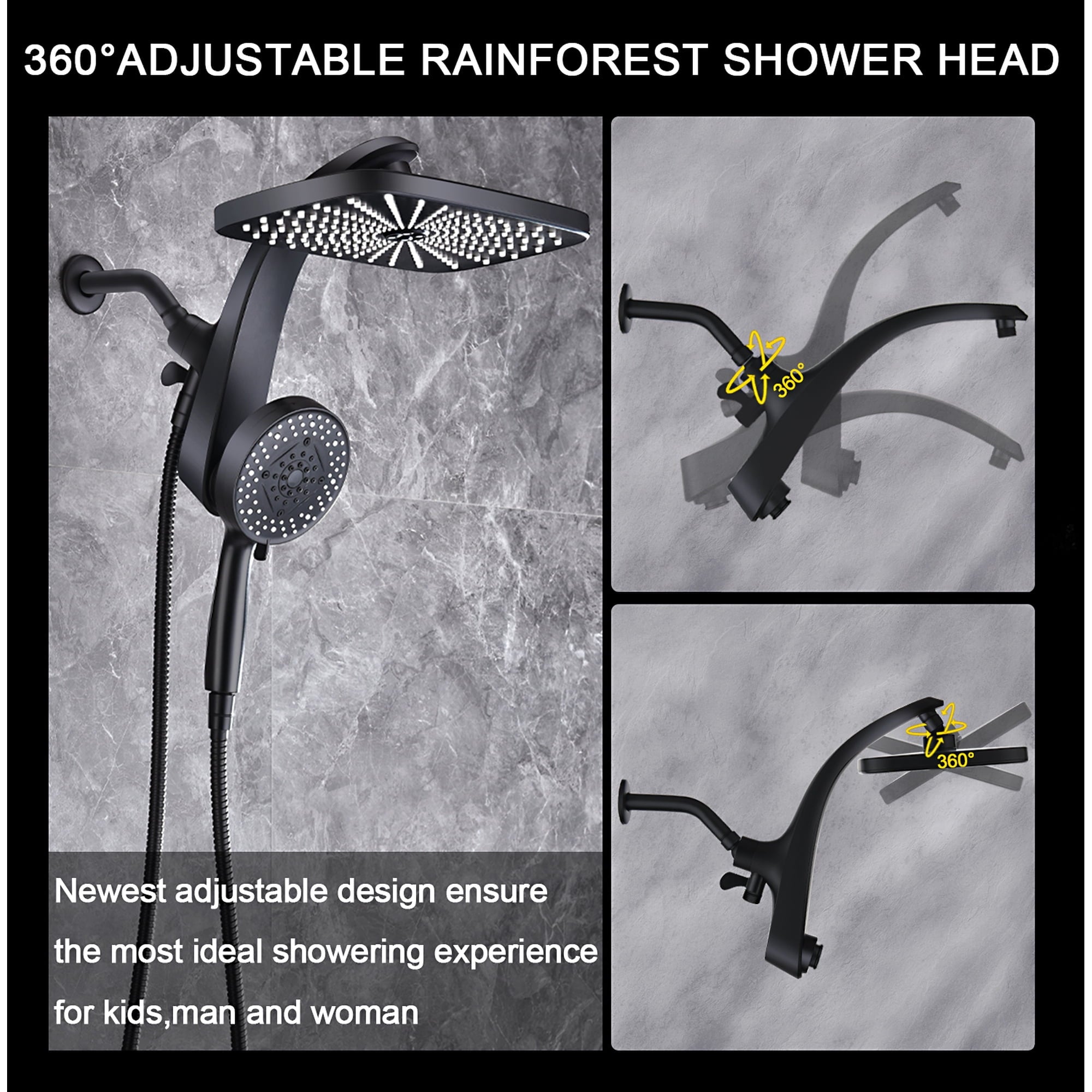 INAVAMZ 12 inch Rain Shower Head and Handheld Combo, High Pressure Shower, 3+8+1 Spray Modes, Magnetic Dock, Power Jet, Anti-Clog Nozzles, 60" Hose, Black