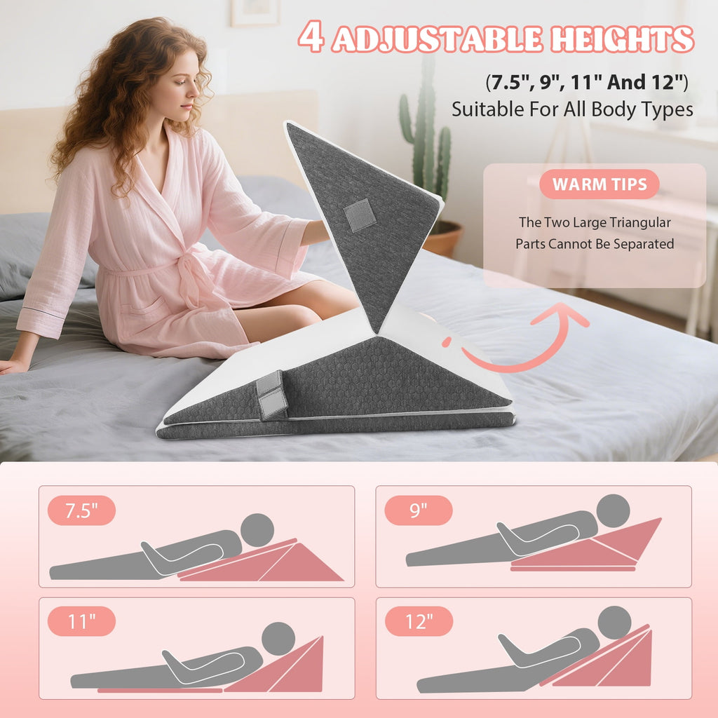 AMTPM 4-in-1 Wedge Pillow，7.5-12 Inches Adjustable Height , Separable Dual-Layer Memory Foam Bed Wedge Pillow for Acid Reflux, Snoring & Pregnancy