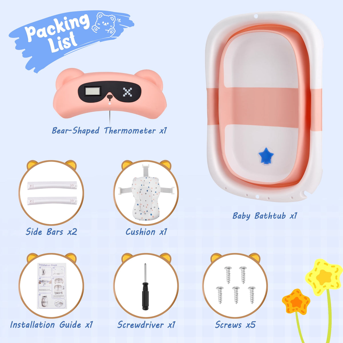 Doulami Baby Bathtub for Infants Collapsible Baby Tubs for Newborns with Cushion and Thermometer, 0-36 Month(Pink)