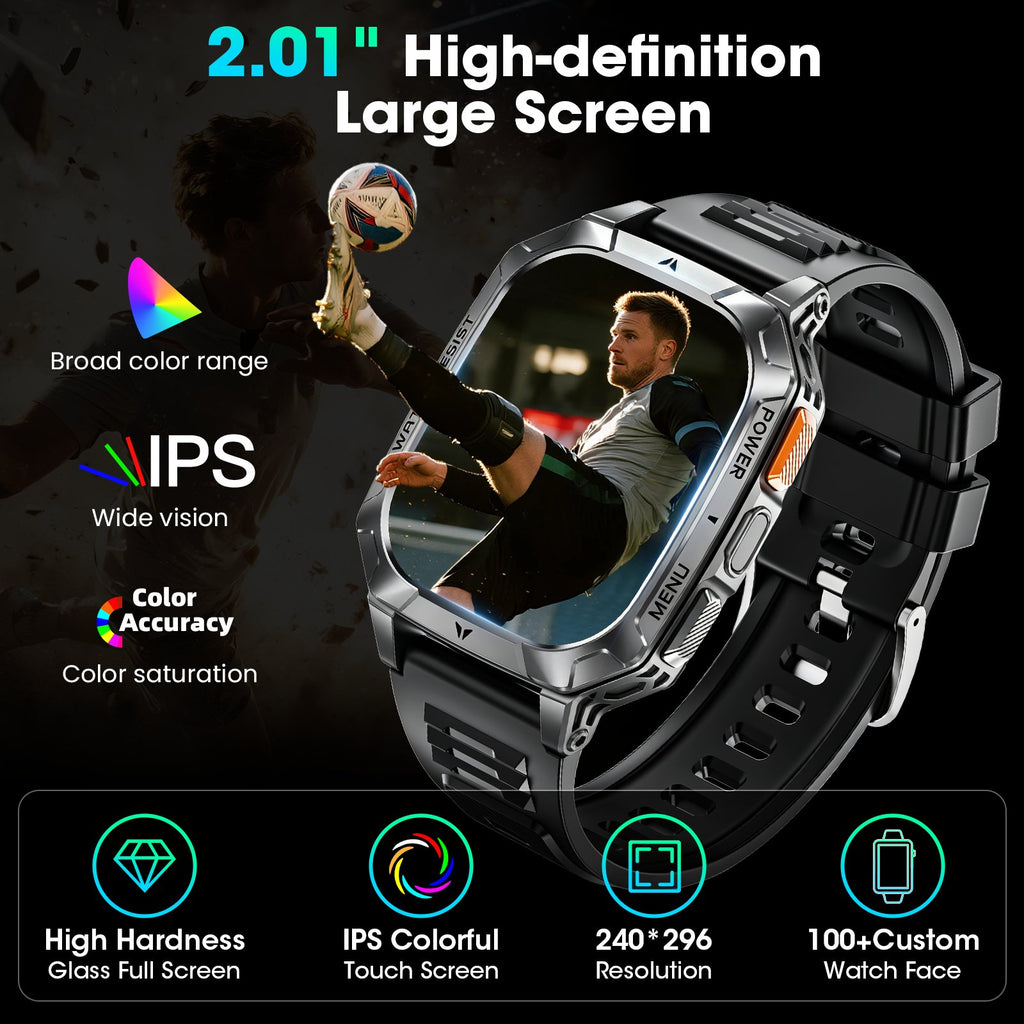 Smart Watch for Men, 2.01" HD 1400mAh Smart Watch Fits for Android and iPhone, Fitness Tracker, Military Smart Watch with 100 + Sports Modes, Bluetooth Call/Answer, IP68 Waterproof Smartwatch, Gifts