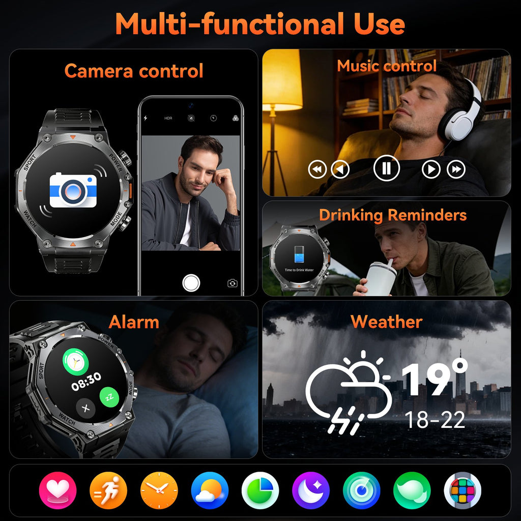 Smart Watch Fits for Android and iPhone, Military Smart Watch, Fitness Tracker, Smart Watch for Men with 100 + Sports Modes, Bluetooth Call/Answer, IP68 Waterproof Smartwatch, Gifts for Dad