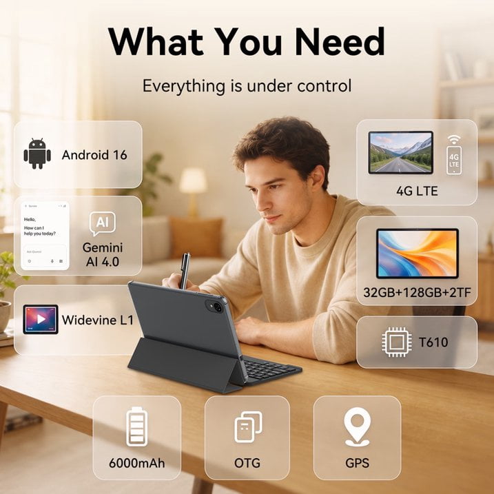 TABWEE W80 10" Android 16 Tablet with Keyboard & Stylus, Unisoc T610 Octa-Core, 4G LTE (T-Mobile Only), 32GB+128GB, 120Hz FHD Display, 6000mAh, for Office Study Gaming