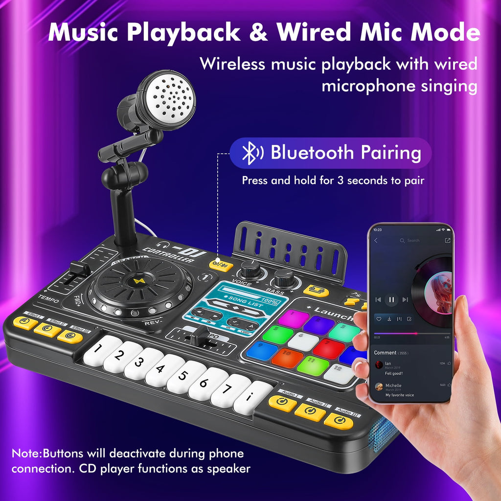 Doulami DJ Mixer Controller Table For Kids with Microphone Lights, Interactive Musical Wireless Bluetooth ,Multi-function Audio Mixer for Beginners