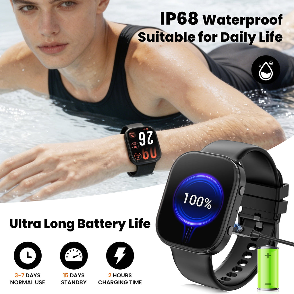Smart Watch fits for Android and iPhone Devices, Smartwatch for Women Men 1.88" HD Fitness Tracker with 100+ Sports Mode, Bluetooth Call, IP68 Waterproof for Gift Black