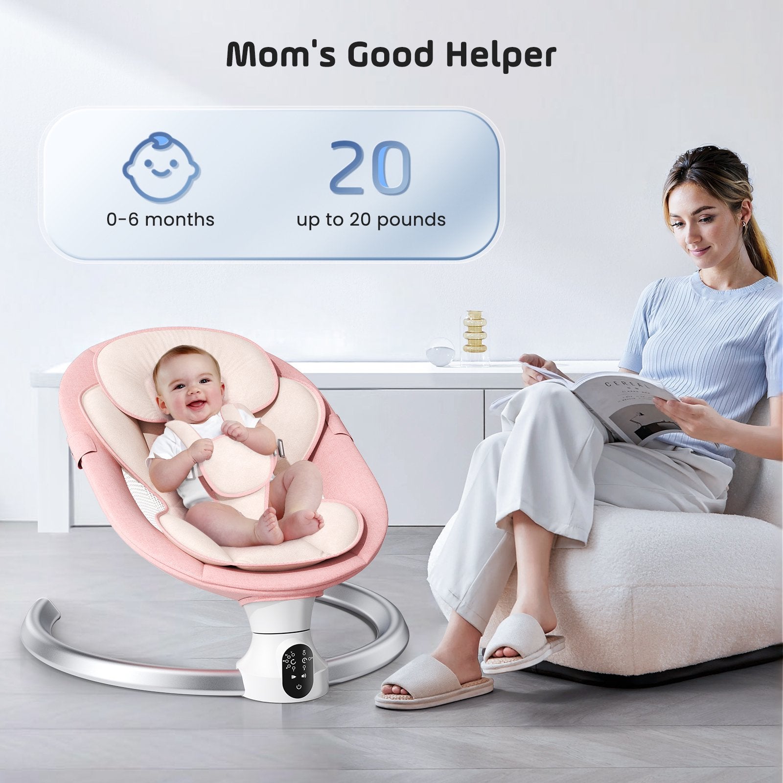 Doulami Electric Baby Swing for Newborn to Toddler Portable Infant Swing Rocker with Remote & APP Control & IMD Touch Panel, 5 Sway Speeds, 10 Lullabies, Pink