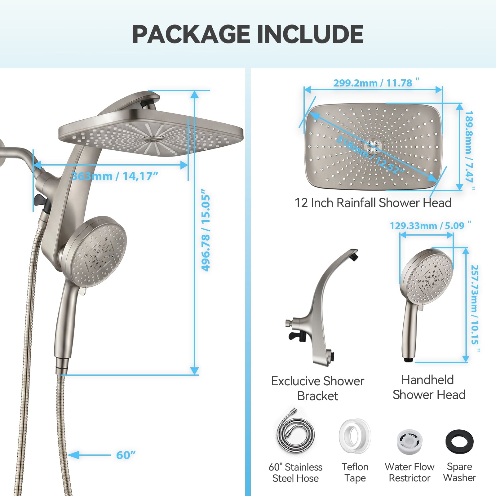 INAVAMZ 12 inch Rain Shower Head and Handheld Combo, High Pressure Shower, 3+8+1 Spray Modes, Magnetic Dock, Power Jet, Anti-Clog Nozzles, 60" Hose,Nickel