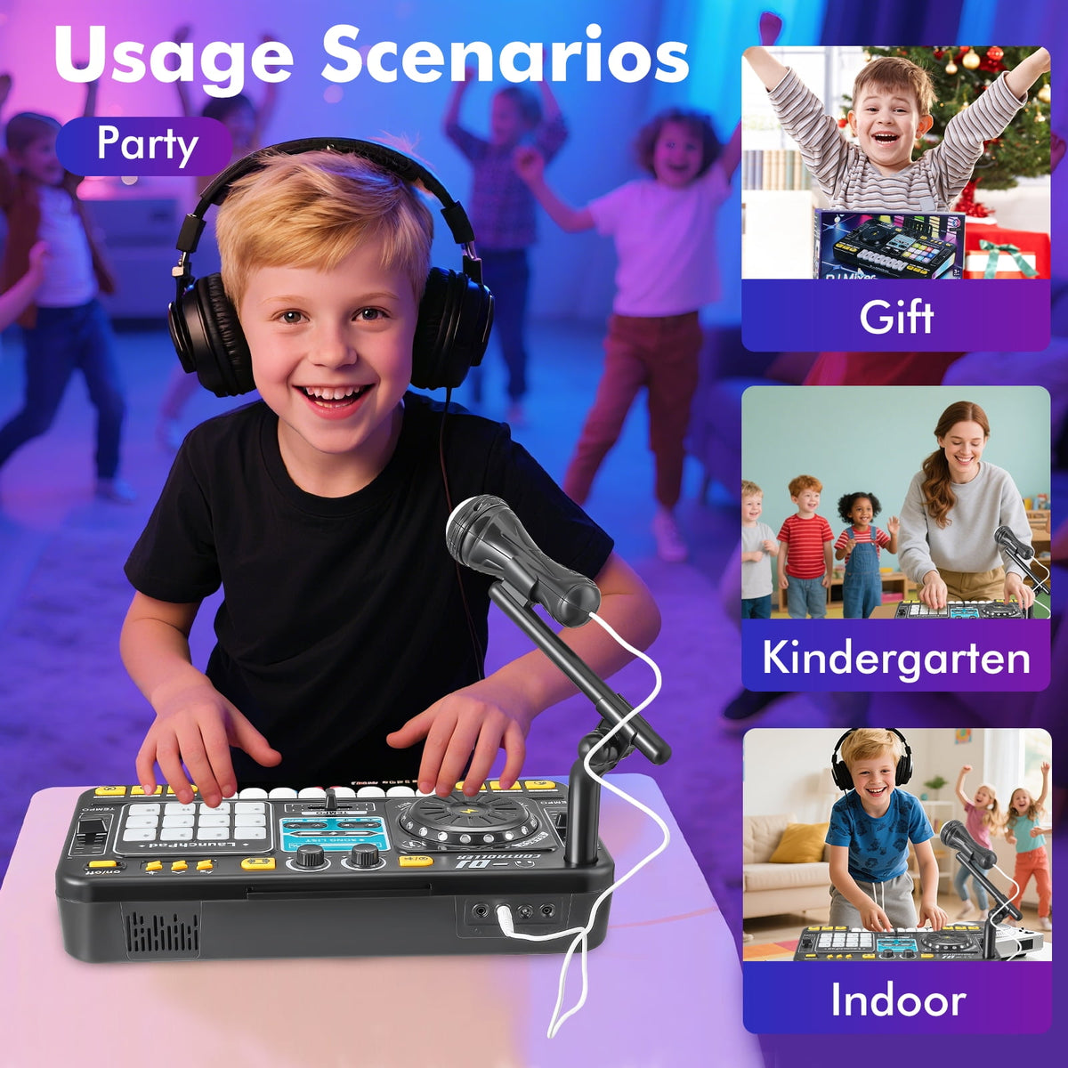 Doulami DJ Mixer Controller Table For Kids with Microphone Lights, Interactive Musical Wireless Bluetooth ,Multi-function Audio Mixer for Beginners