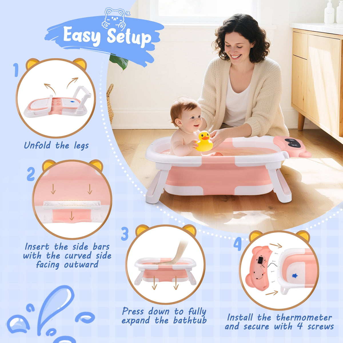 Doulami Baby Bathtub for Infants Collapsible Baby Tubs for Newborns with Cushion and Thermometer, 0-36 Month(Pink)