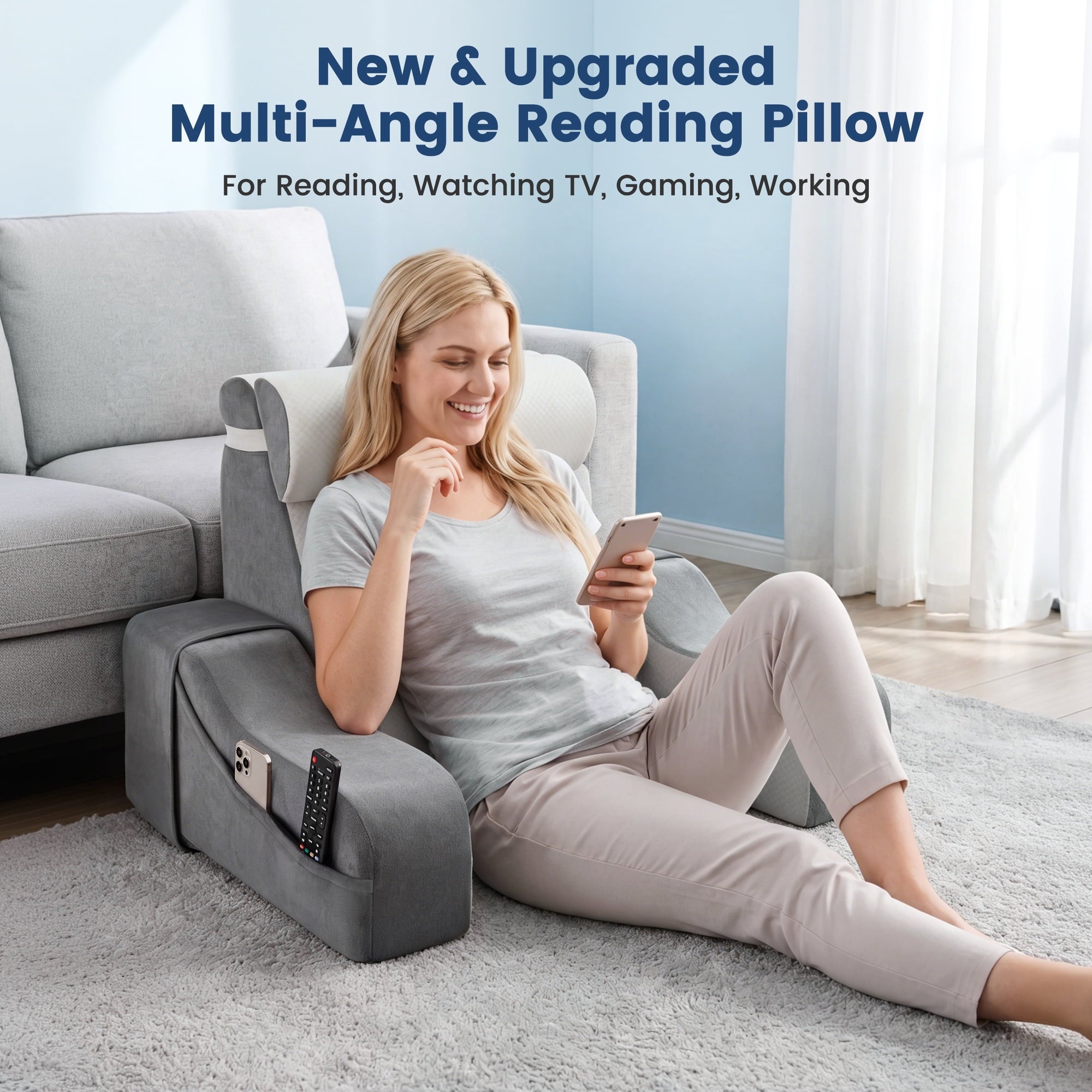 AMTPM Reading Pillow with Armrests, 2-in-1 Wedge Reading Pillow, 20°-55° Adjustable Bed Rest Pillow with Armrests, Convertible Wedge Pillow for Reading, Gaming, TV