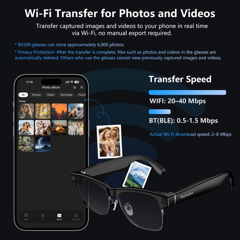 Blackview AI Smart Glasses with Camera, 1080P HD Video & Photo Capture, Real-Time Translation, Recording Glasses with AI Assistant for Women & Men, Open-Ear Audio for Travel (Photochromic)