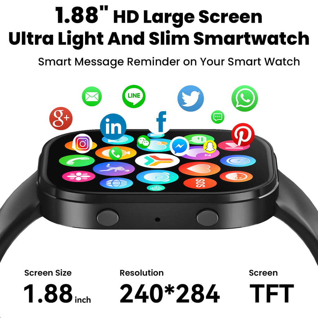 Smart Watch fits for Android and iPhone Devices, Smartwatch for Women Men 1.88" HD Fitness Tracker with 100+ Sports Mode, Bluetooth Call, IP68 Waterproof for Gift Black