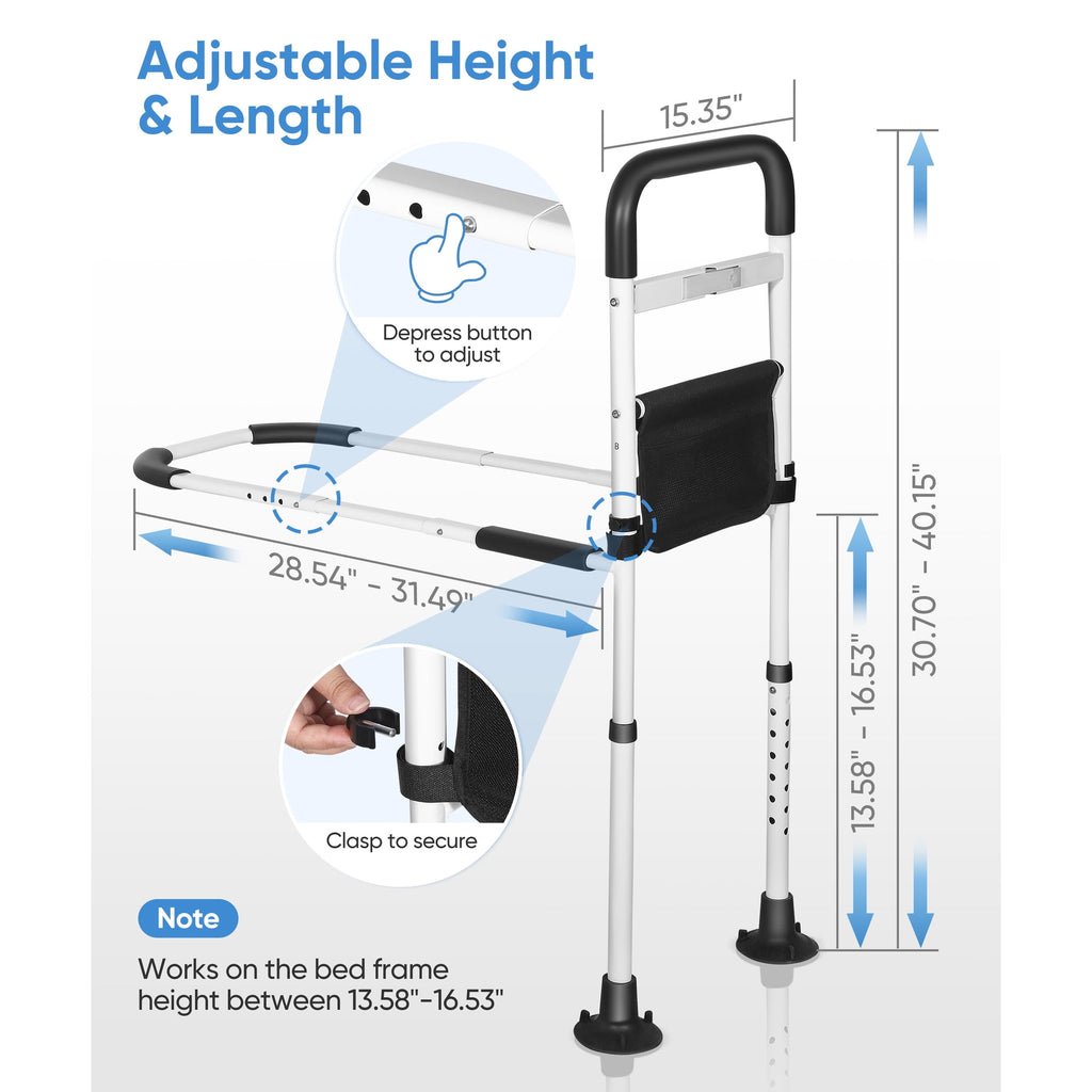 Doulami Bed Rails for Elderly Adults, Adjustable Assist Beds Rail for Senior with Storage Pocket & Motion Light