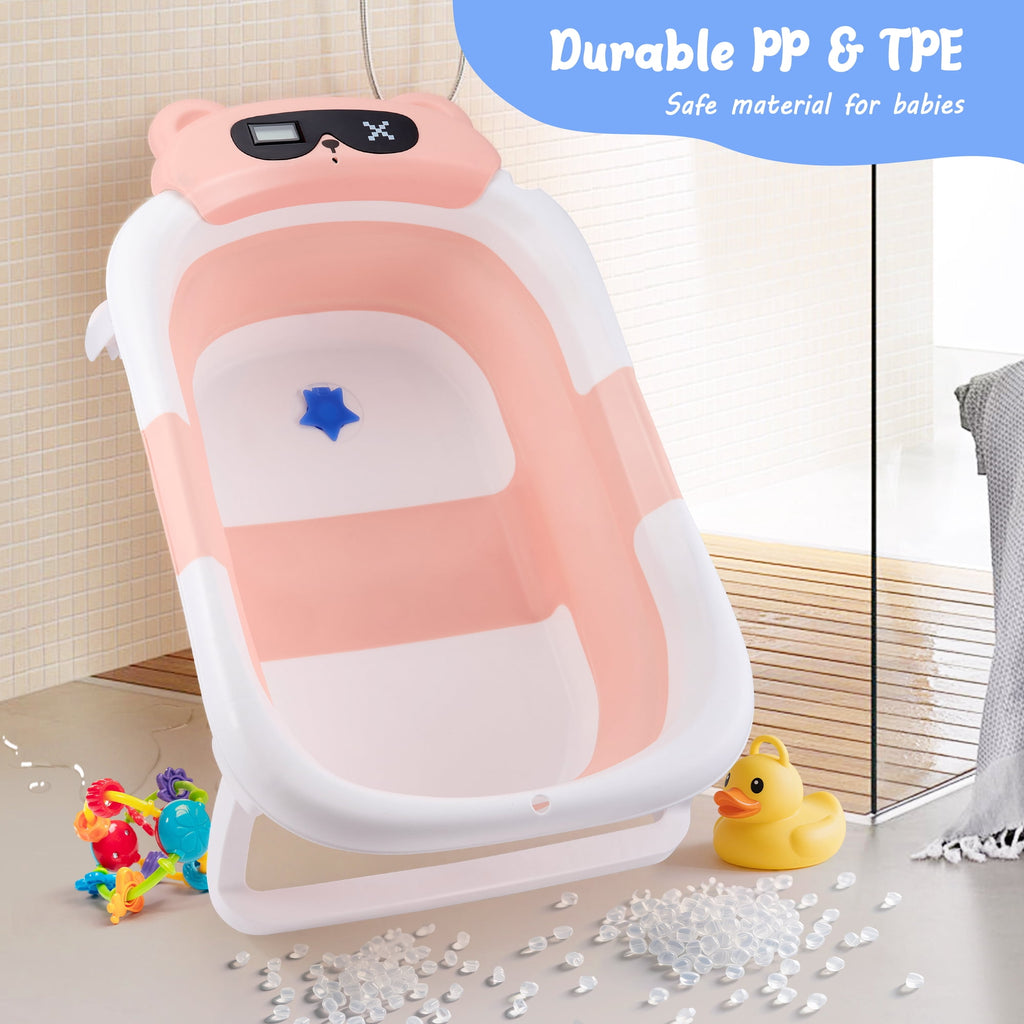 Doulami Baby Bathtub for Infants Collapsible Baby Tubs for Newborns with Cushion and Thermometer, 0-36 Month(Pink)